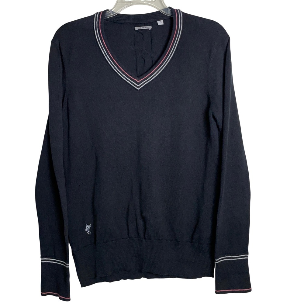 Ashworth Womens V Neck Sweater Black‎ Long Sleeve Pima Cotton Logo Detail Size M